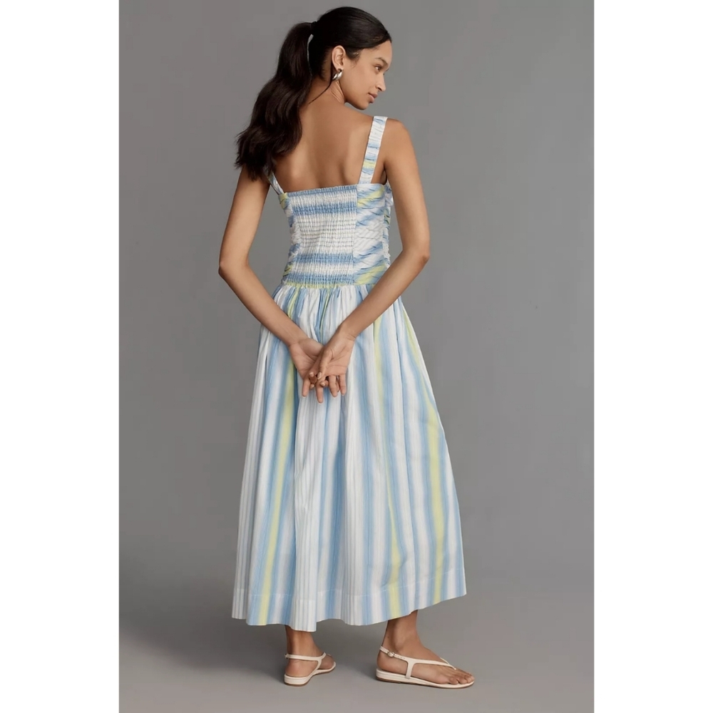Anthropologie Maxi Dress L Blue Drop Waist Square Neck Pockets Sleeveless Cotton - Picture 7 of 15